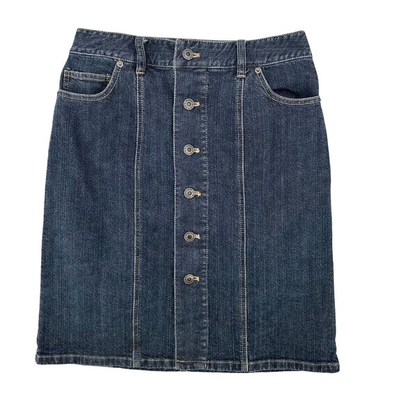 Talbots Petites Womens Stretch Cotton Blend Denim Button-Front Skirt Size 4 - Picture 1 of 5